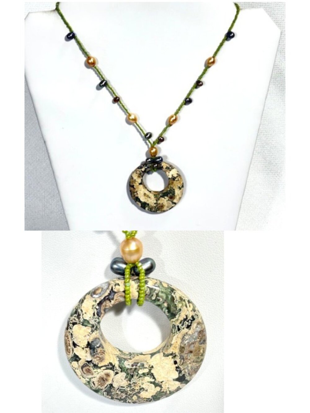 16" bead and lace agate pi/donut pendant necklace.